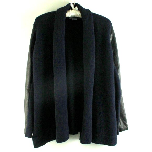 Vince Leather Sleeve Draped Jacket Navy Blue Black Sleeve Sweater Cardigan XS